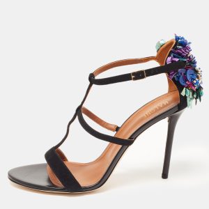 Malone Souliers Black Suede Floral Embellished Ankle Strap Sandals Size 41, Sandals - Luxury Closet