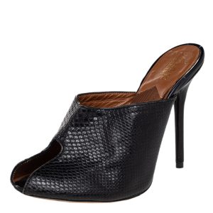 Malone Souliers Black Snakeskin Embossed Leather Peep Toe Mule Sandals Size 37.5, Sandals - Luxury Closet