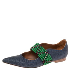 Malone Souliers Navy Blue/Green Canvas and Fabric Martina Luwolt Ballet Flats Size 36, Sandals - Luxury Closet