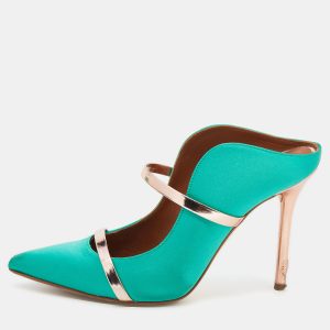 Malone Souliers Green/Rose Gold Satin And Leather Maureen Pointed Toe Mules Size 37, Sandals - Luxury Closet
