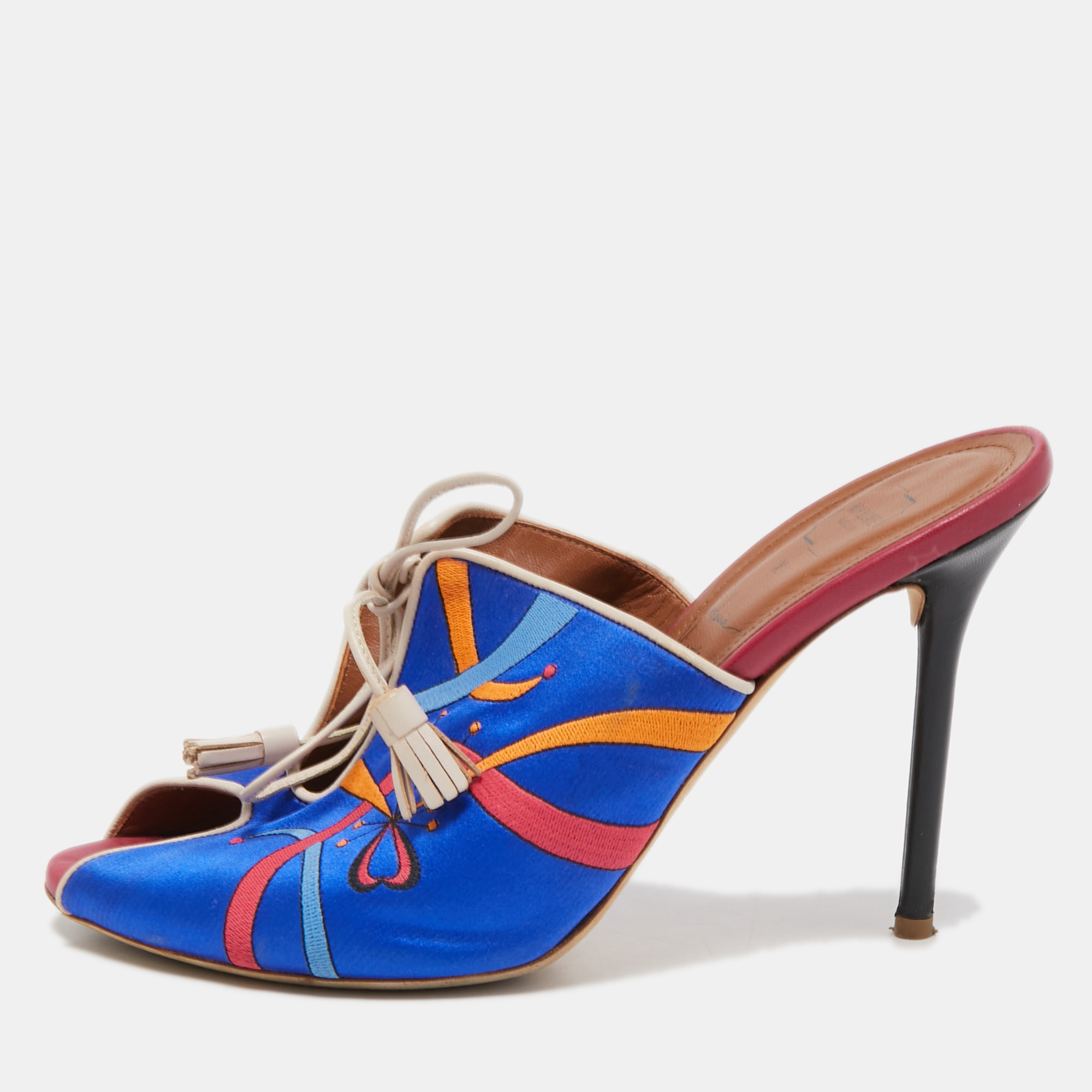 Malone Souliers Blue Embroidered Satin Peep Toe Lace Up Mules Size 40, Sandals - Luxury Closet