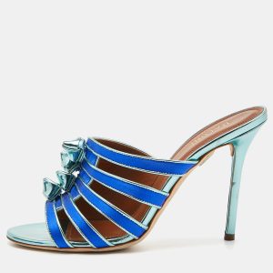 Malone Souliers Blue/Metallic Green Satin and Leather Open Toe Mules Size 39, Sandals - Luxury Closet