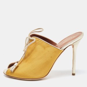 Malone Souliers Yellow Canvas and Leather Peep Toe Lace Up Mules Size 38.5, Sandals - Luxury Closet