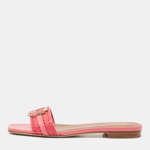 Malone Souliers Pink Leather Coral Perforated Gena Flat Slides Size 38, Sandals - Luxury Closet