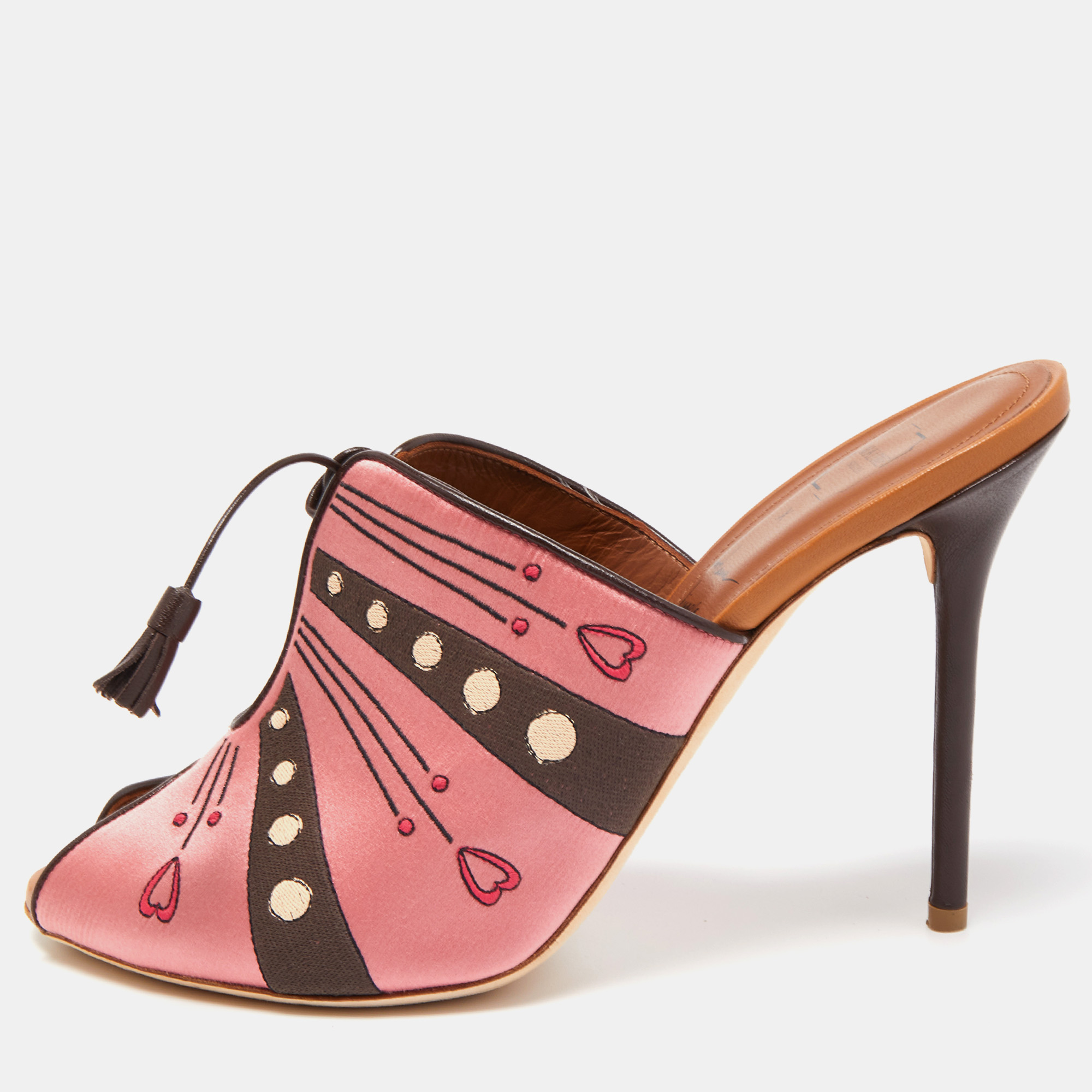 Malone Souliers x Natalia Vodianova Pink/Brown Satin Embroidered Open Toe Mules Size 41, Sandals - Luxury Closet