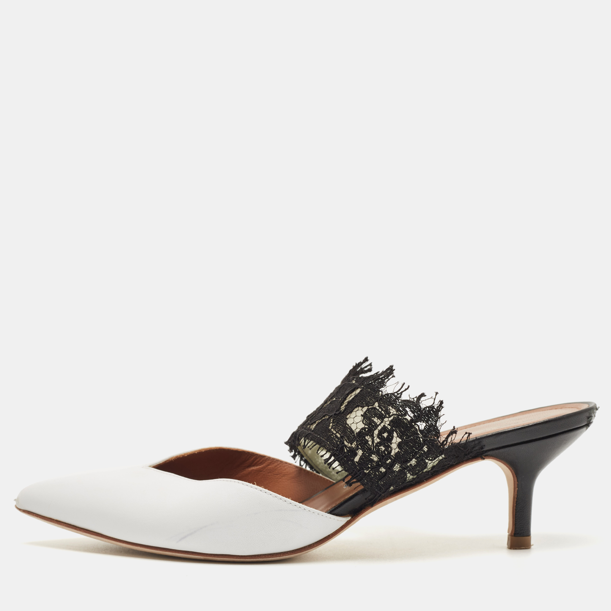 Malone Souliers White/Black Lace and Leather Maisie Mules Size 36, Sandals - Luxury Closet