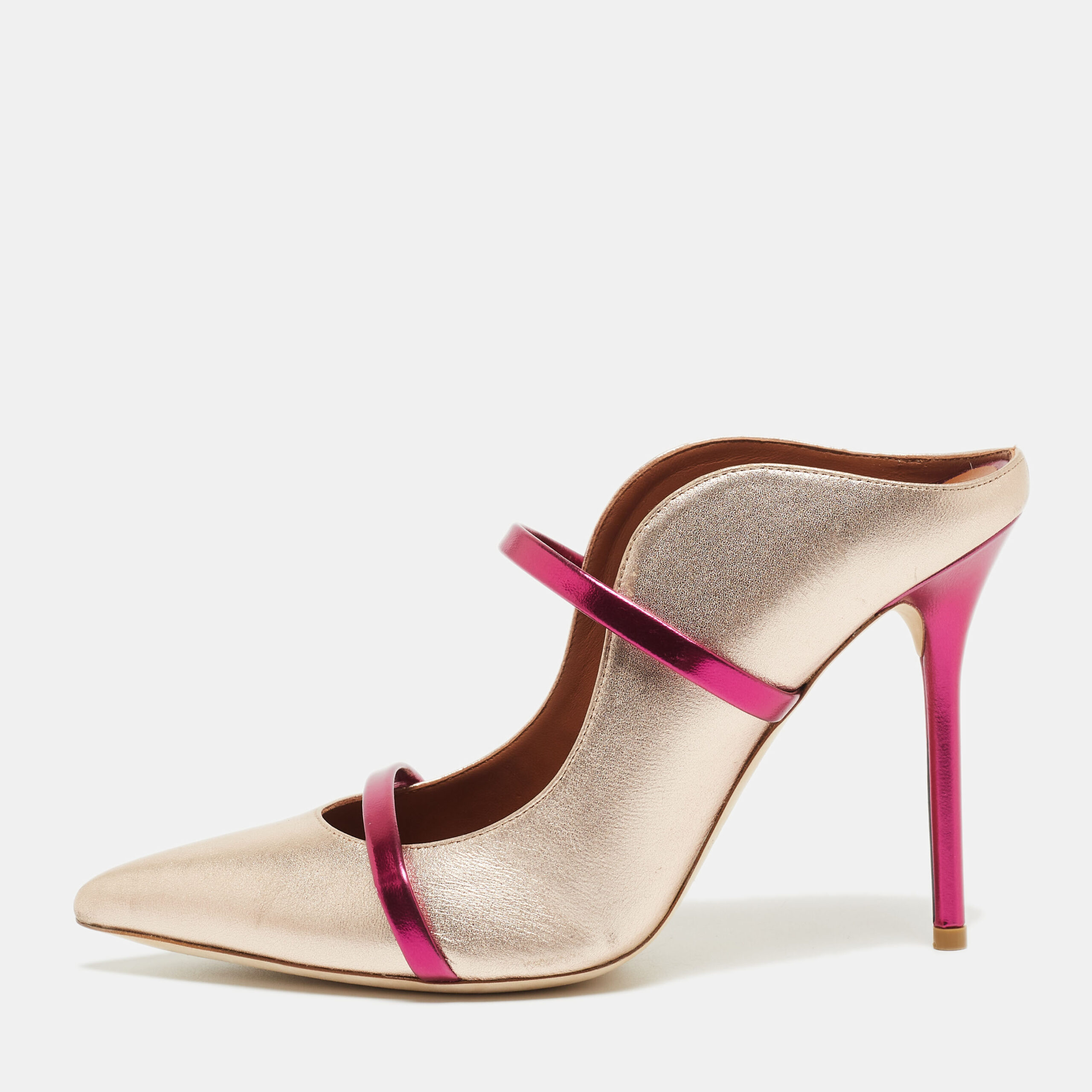 Malone Souliers Metallic Rose Gold Foil Leather Maureen Pointed Toe Mules Size 38.5, Sandals - Luxury Closet