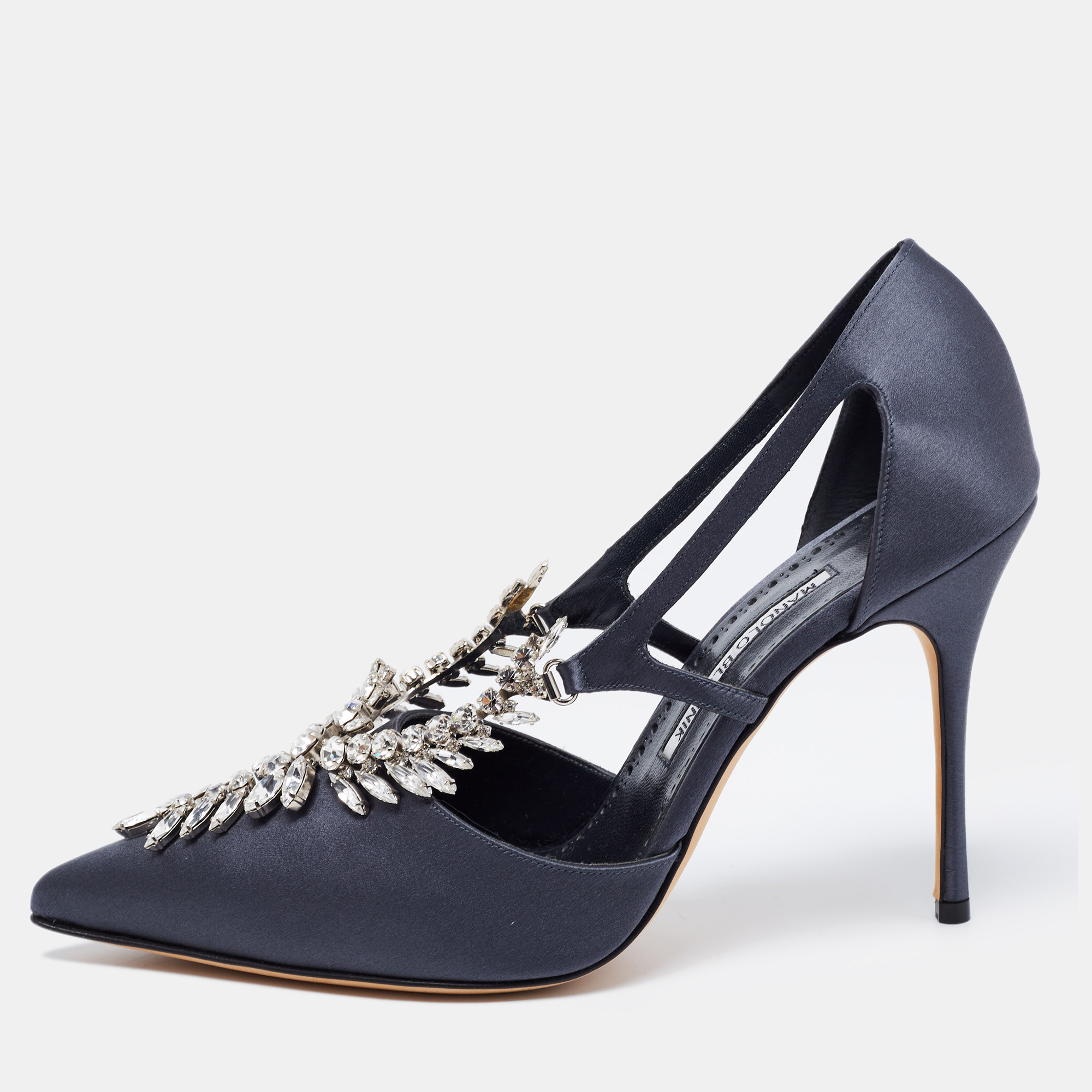 Manolo Blahnik Dark Grey Satin Lala Crystal Embellished Pointed Toe Pumps Size 40, Pumps - Luxury Closet catalog
