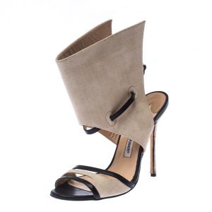 Manolo Blahnik Beige Canvas And Black Leather Suntaxa Ankle Wrap Sandals Size 38.5, Sandals - Luxury Closet