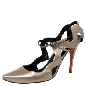 Manolo Blahnik Metallic Beige Leather Cutout Sandals Size 39.5, Sandals - Luxury Closet