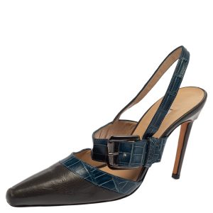Manolo Blahnik Grey/Blue Croc Embossed And Leather Slingback Sandals Size 37, Sandals - Luxury Closet