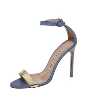 Manolo Blahnik Blue/Gold Leather Ankle Strap Sandals Size 37, Sandals - Luxury Closet