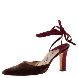 Manolo Blahnik Maroon/Red Velvet Ankle Wrap Sandals Size 37, Sandals - Luxury Closet