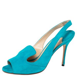 Manolo Blahnik Aqua Blue Suede Slingback Peep-Toe Sandals Size 37, Sandals - Luxury Closet