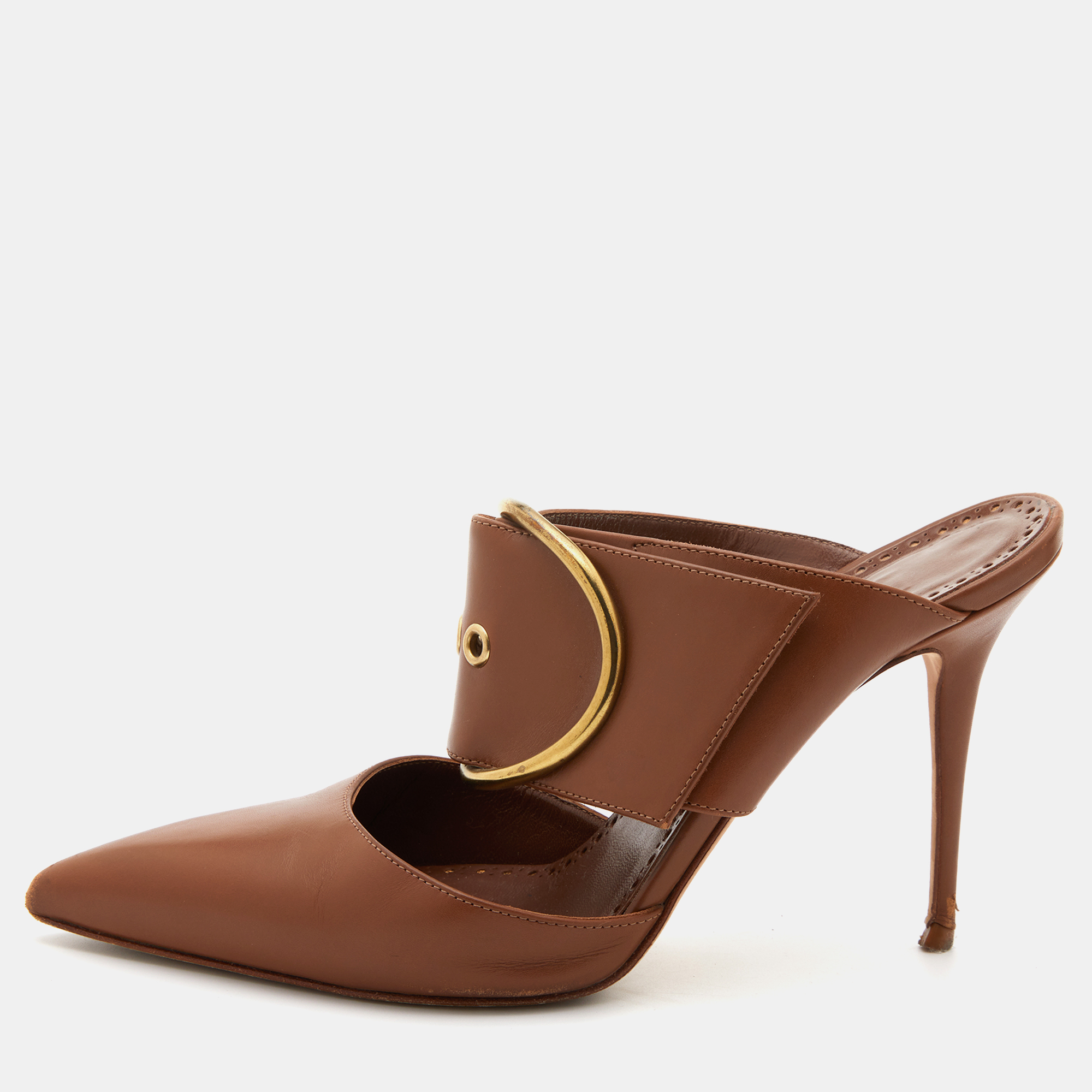 Manolo Blahnik Brown Leather Buckle Detail Pointed Toe Mules Size 36, Sandals - Luxury Closet