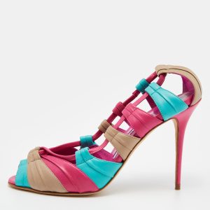 Manolo Blahnik Tri Color Leather Natuk Peep Toe Sandals Size 38.5, Sandals - Luxury Closet