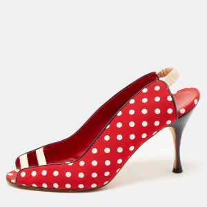 Manolo Blahnik Red Canvas and Leather Polka Dot Slingback Sandals Size 40, Sandals - Luxury Closet