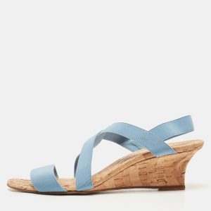 Manolo Blahnik Blue Stretch Fabric Terwe Cork Wedge Ankle Strap Sandals Size 40, Sandals - Luxury Closet