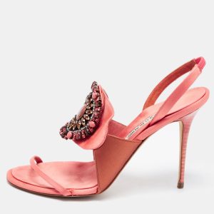 Manolo Blahnik Pink/Brown Satin Crystal Embellished Ankle Strap Sandals Size 37.5, Sandals - Luxury Closet