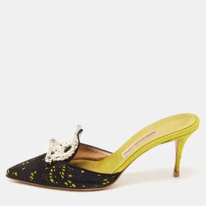 Manolo Blahnik Black/Green Cut Out Suede and Satin Bolri Mules Size 38, Sandals - Luxury Closet