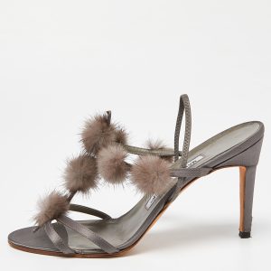 Manolo Blahnik Grey Satin and Mink Pom Pom T-Bar Slingback Sandals Size 38, Sandals - Luxury Closet