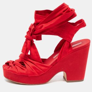 Marc by Marc Jacobs Red Fabric Tie Up Block Heel Sandals Size 38.5, Sandals - Luxury Closet