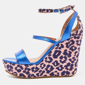 Marc by Marc Jacobs Blue/Pink Leather and Animal Print Fabric Wedge Ankle Strap Sandals Size 38, Sandals - Luxury Closet
