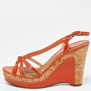 Marc by Marc Jacobs Orange Patent Leather Cork Wedge Slingback Sandals Size 37.5, Sandals - Luxury Closet