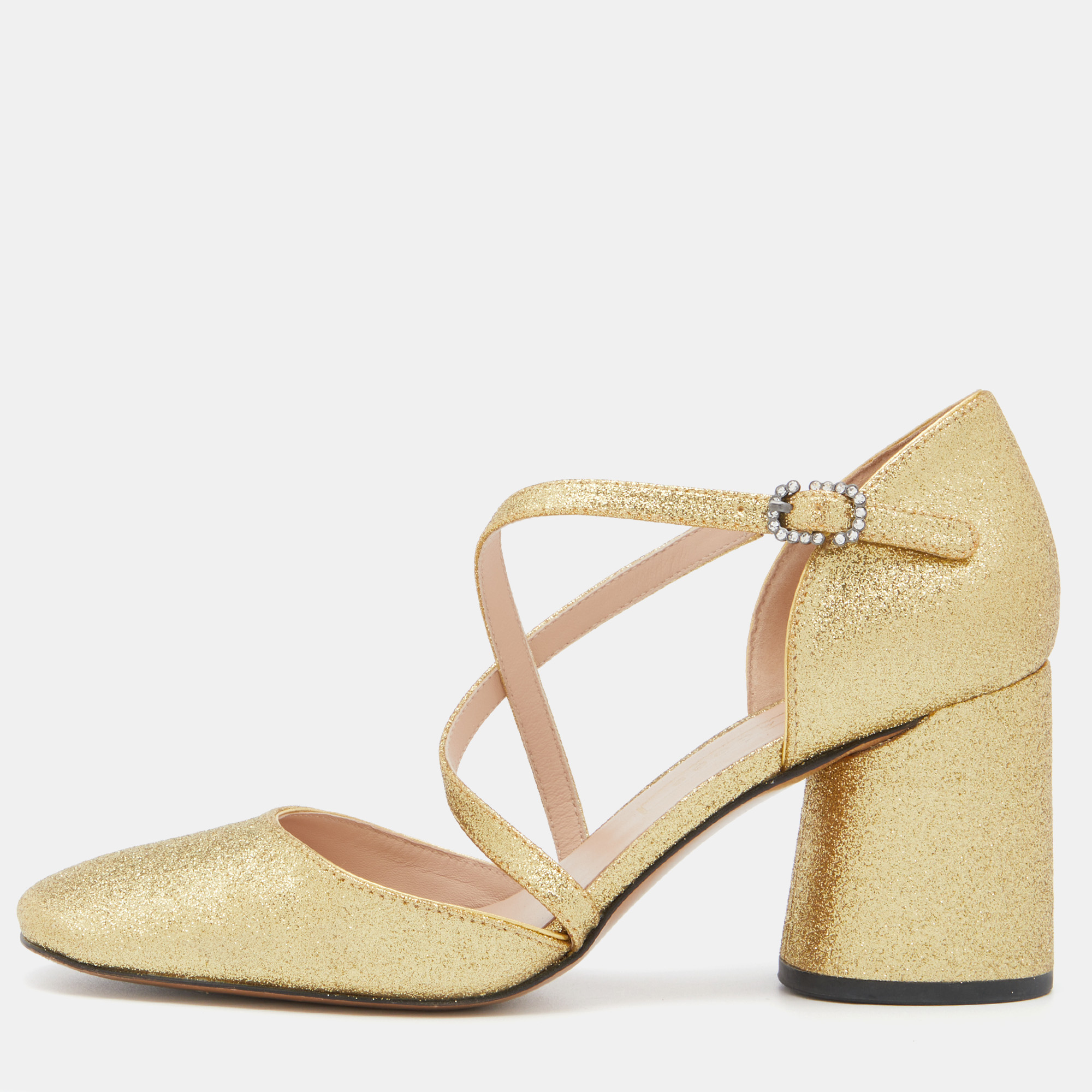 Marc Jacobs Gold Glitter Block Heel Ankle Strap Sandals Size 38, Sandals - Luxury Closet