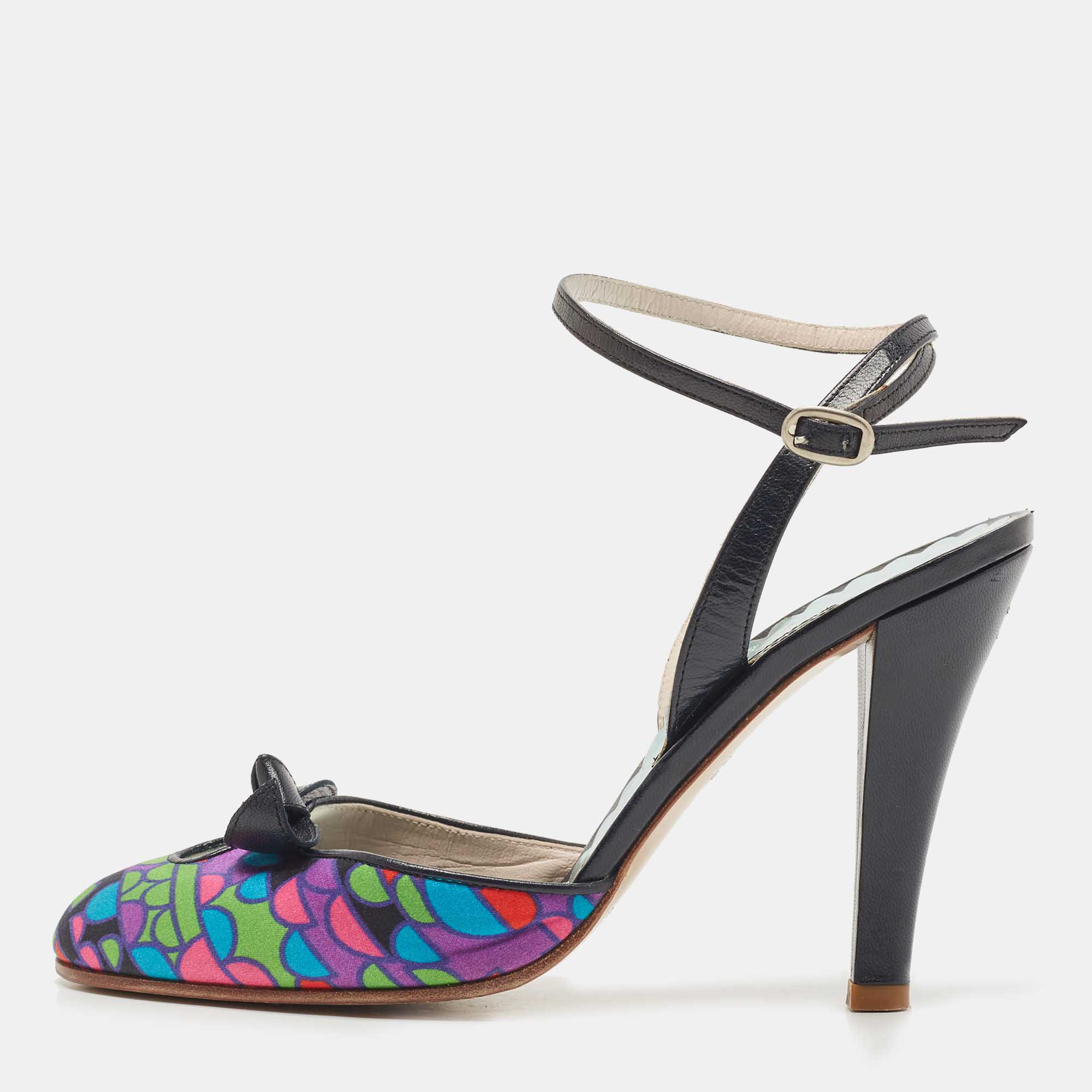 Marc Jacobs Multicolor Printed Satin and Leather Ankle Strap sandals Size 37.5, Sandals - Luxury Closet