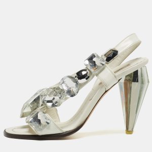 Marc by Marc Jacobs White Leather Crystal Embellished Slingback Sandals Size 37.5, Sandals - Luxury Closet