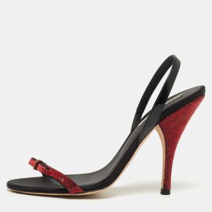 Marco de Vincenzo Red/Black Crystal Embellished Leather Bow Slingback Sandals Size 39, Sandals - Luxury Closet