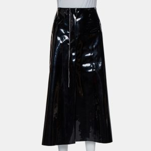 Marni Black Faux Patent Leather Hanging Thread Detail Midi Skirt M, Skirts - Luxury Closet