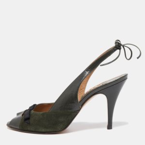 Marni Dark Green Leather and Suede Peep Toe Tie Knot Slingback Sandals Size 38.5, Sandals - Luxury Closet