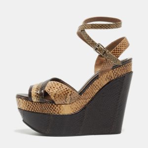 MARNI Brown/Beige Python Wedge Ankle Strap Sandals Size 38, Sandals - Luxury Closet