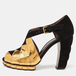 Marni Black/Gold Suede and Leather Peep Toe Platform Sandals Size 40.5, Sandals - Luxury Closet
