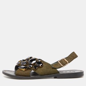 Marni Green Leather and Calfhair Embellished Flat Sandals Size 38, Sandals - Luxury Closet