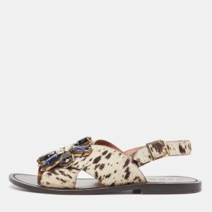 Marni White/Brown Animal Print Calf Hair Crystal Embellished Flat Sandals Size 39, Sandals - Luxury Closet