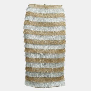 Max Mara Gold/Silver Metallic Fringed Crepe Gavetta Skirt S, Skirts - Luxury Closet catalog
