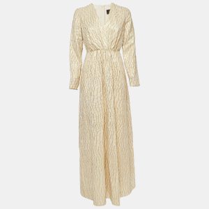 Max Mara Cream/Metallic Gold  Brocade Silk Long Sleeve Maxi Dress S, Dresses - Luxury Closet catalog