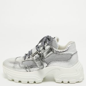 Miu Miu Silver Texture Leather Lace Up Sneakers Size 38, Athletic Shoes & Sneakers - Luxury Closet