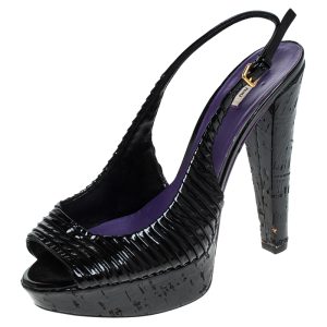 Miu Miu Black Pleated Leather Peep Toe Platform Slingback Sandals Size 38.5, Sandals - Luxury Closet