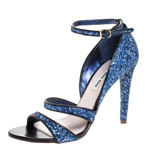 Miu Miu Metallic Blue Coarse Glitter Ankle Strap Sandals Size 38.5, Sandals - Luxury Closet