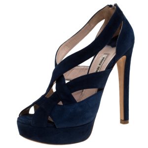 Miu Miu Blue Suede Leather Strappy Platform Sandals Size 36.5, Sandals - Luxury Closet