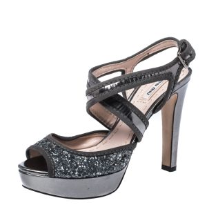 Miu Miu Metallic Grey Glitter And Suede Leather Trim Cross Strap Peep Toe Platform Sandals Size 37.5, Sandals - Luxury Closet