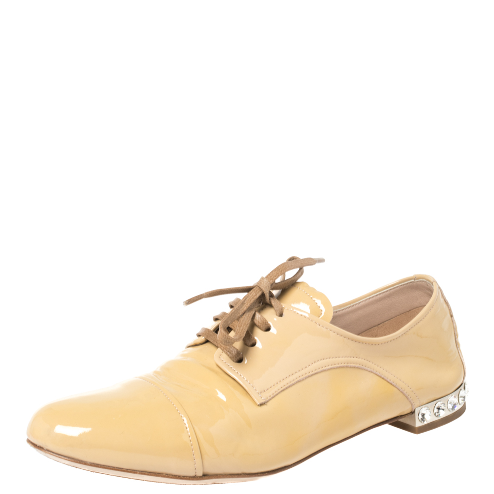 Miu Miu Beige Patent Leather Crystal Embellished Heel Lace Derby Size 36, Loafers & Slip-Ons - Luxury Closet catalog