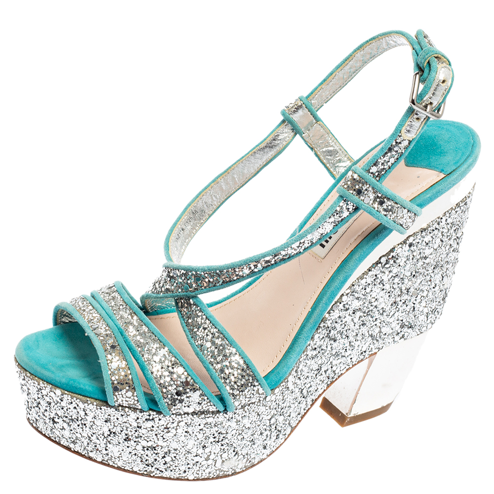 Miu Miu Turquoise Suede and Glitter Ankle Strap Platform Sandals Size 36, Sandals - Luxury Closet catalog