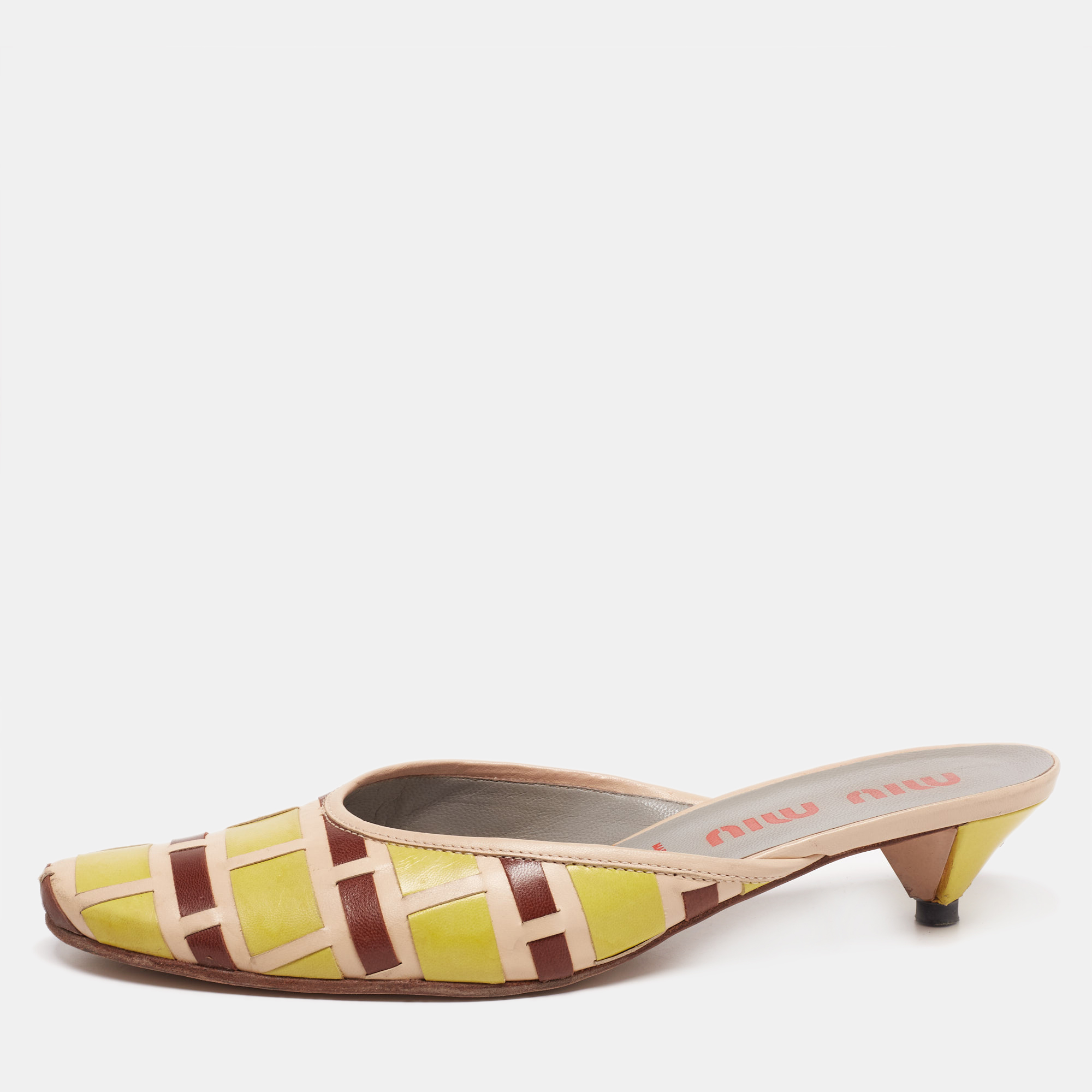 Miu Miu Tricolor Woven Leather Mule Sandals Size 37.5, Sandals - Luxury Closet