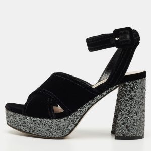 Miu Miu Black Velvet and Glitter Platform Ankle Strap Sandals Size 37, Sandals - Luxury Closet