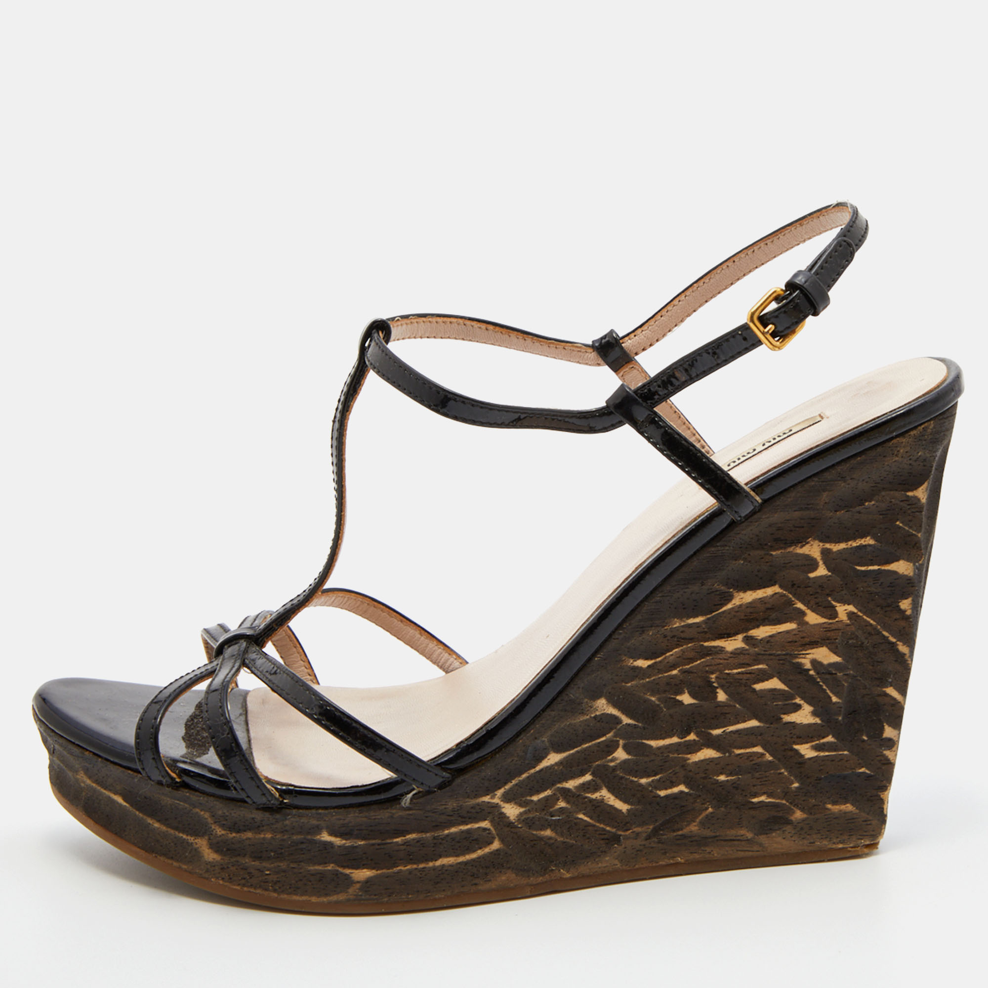 Miu Miu Black Patent Leather T-Strap Platform Wedge Sandals Size 38, Sandals - Luxury Closet